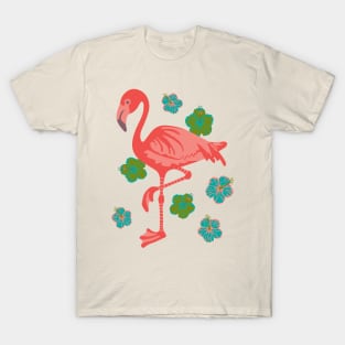 PINK FLAMINGO Tropical Bird with Hibiscus Flowers - UnBlink Studio by Jackie Tahara T-Shirt